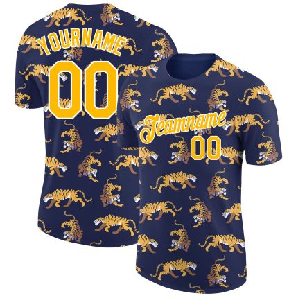 Custom Tiger Performance T-Shirt with Personalized Name & Number - Navy Gold-White 3D Pattern Design Personalized Navy Gold-White