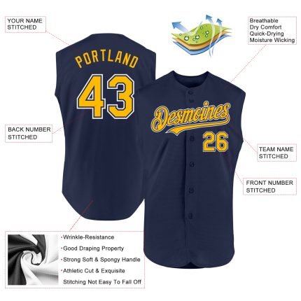Personalized Navy Gold White Baseball Jersey - Authentic Sleeveless Design Personalized Navy Gold-White Authentic Sleeveless
