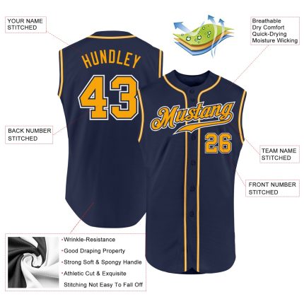 Custom Navy Gold-White Baseball Jersey with Personalized Name & Number - Authentic Sleeveless Team Apparel Personalized Navy