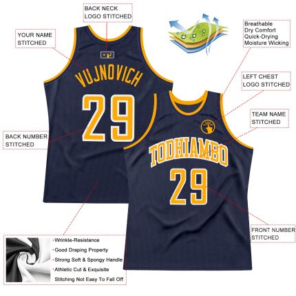 Custom Name Number Personalized Throwback Basketball Jersey - Navy Gold White Authentic Team Jersey Personalized Navy Gold-White