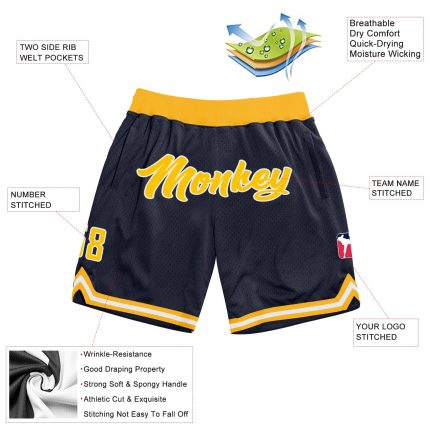 Personalized Authentic Basketball Shorts in Navy Gold and White - Throwback Style Personalized Navy Gold-White Authentic
