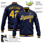 Custom Navy Gold White Varsity Letterman Bomber Full-Snap Jacket Personalized Navy Gold-White Bomber Full-Snap Varsity Letterman