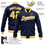 Custom Navy and Gold White Bomber Varsity Letterman Jacket with Personalized Name and Number Personalized Navy Gold-White
