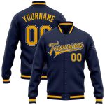 Custom Navy Gold White Varsity Letterman Bomber Full-Snap Jacket Personalized Navy Gold-White Bomber Full-Snap Varsity Letterman