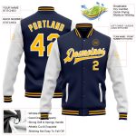 Custom Name and Number Two Tone Navy Gold-White Bomber Varsity Letterman Full-Snap Jacket Personalized Navy Gold-White Bomber