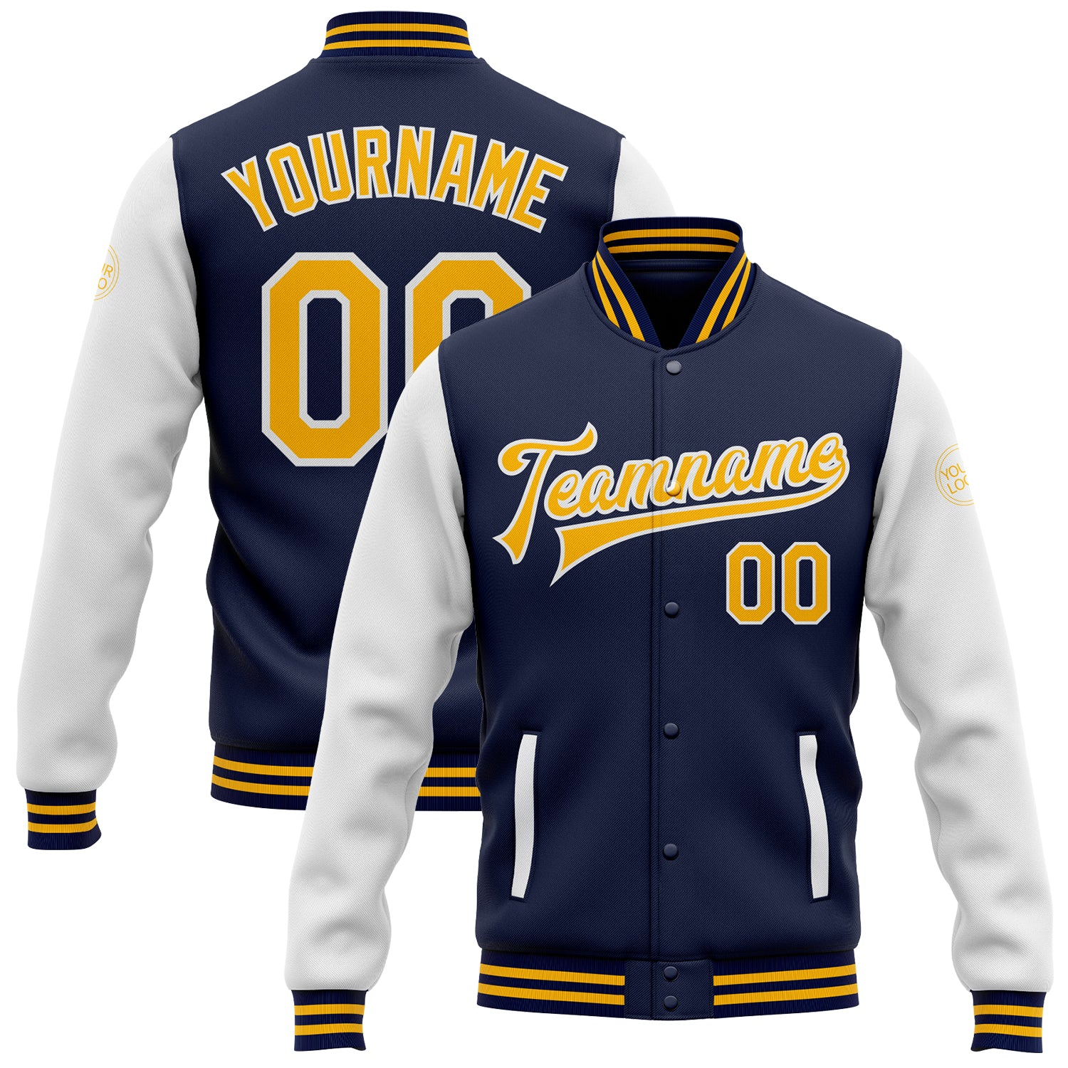 Custom Name and Number Two Tone Navy Gold-White Bomber Varsity Letterman Full-Snap Jacket Personalized Navy Gold-White Bomber