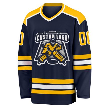Personalized Hockey Jersey in Navy with Gold and White Accents Personalized Navy Gold-White Hockey Jersey