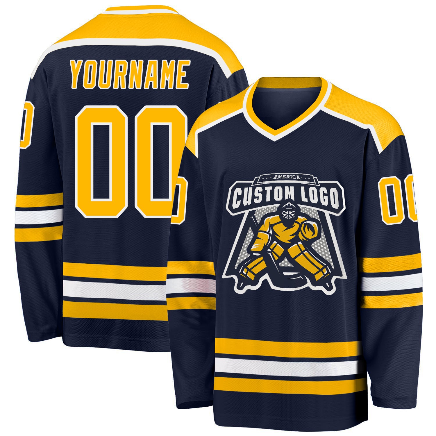 Personalized Hockey Jersey in Navy with Gold and White Accents Personalized Navy Gold-White Hockey Jersey