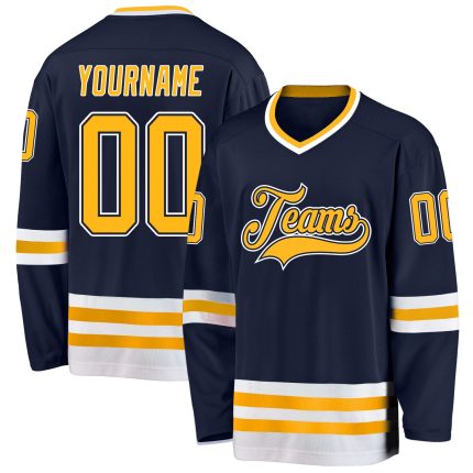 Custom Name and Number Hockey Jersey in Navy, Gold, and White - Personalized Team Jersey Personalized Navy Gold-White Hockey