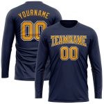 Custom Name and Number Salute to Service T-Shirt - Personalized Navy Gold-White Long Sleeve Performance Tee Personalized