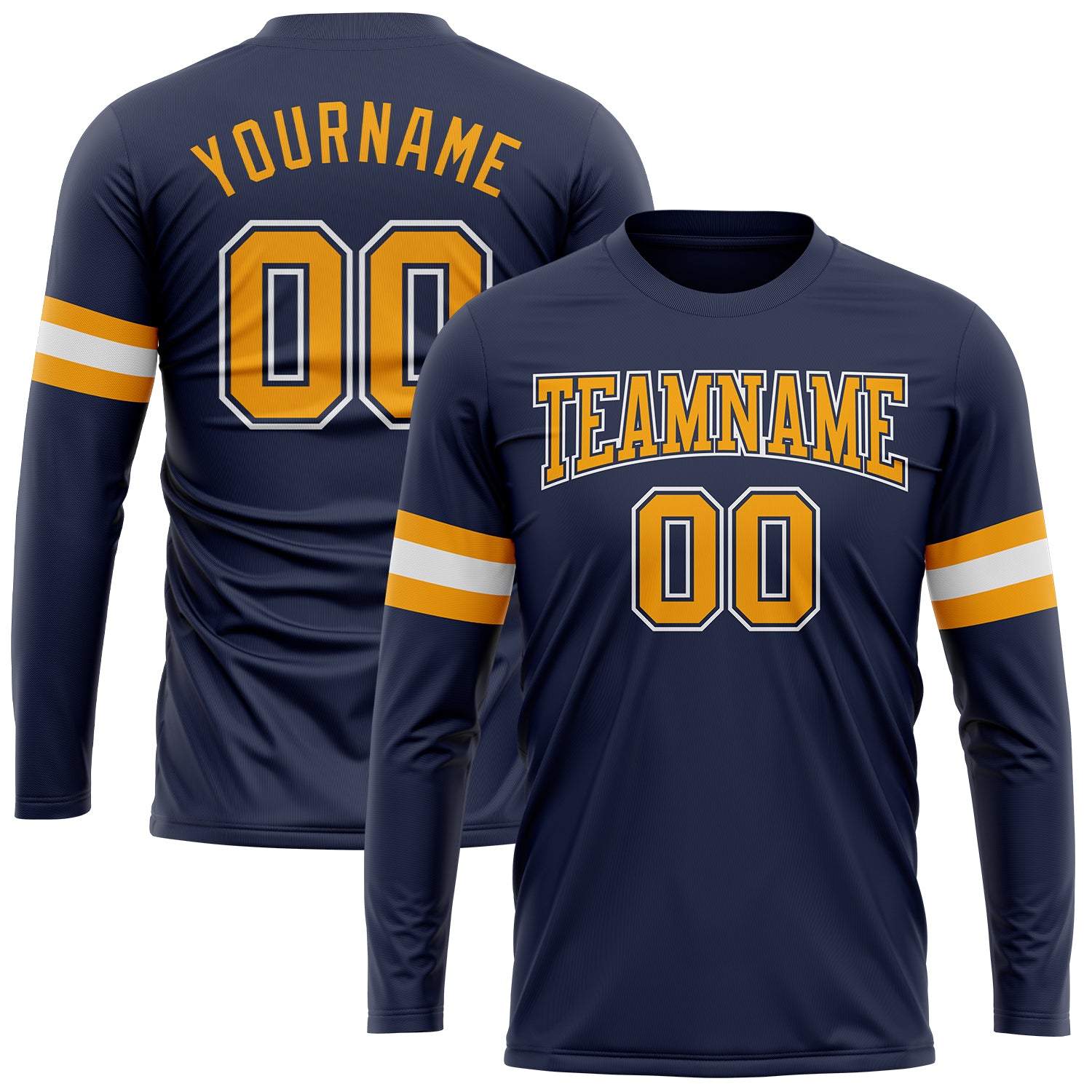 Custom Name and Number Salute to Service T-Shirt - Personalized Navy Gold-White Long Sleeve Performance Tee Personalized