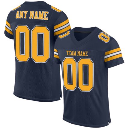 Custom Personalized Football Jersey - Navy Gold-White Mesh Team Name & Number Authentic Personalized Navy Gold-White Mesh