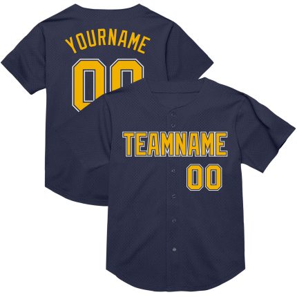 Personalized Navy Gold White Throwback Baseball Jersey - Authentic Mesh Fan Gear Personalized Navy Gold-White Mesh Authentic