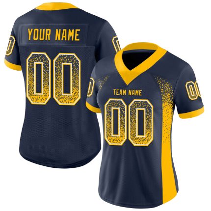 Custom Team Football Jersey with Personalized Name & Number - Navy Gold-White Mesh Drift Design Personalized Navy Gold-White
