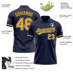 Custom Navy Gold White Golf Polo Shirt with Name and Number - Performance Vapor Design Personalized Navy Gold-White Performance