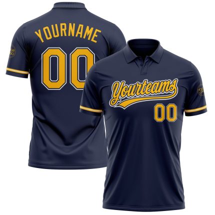 Custom Navy Gold White Golf Polo Shirt with Name and Number - Performance Vapor Design Personalized Navy Gold-White Performance