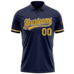 Custom Navy Gold White Golf Polo Shirt with Name and Number - Performance Vapor Design Personalized Navy Gold-White Performance