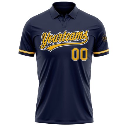 Custom Navy Gold White Golf Polo Shirt with Name and Number - Performance Vapor Design Personalized Navy Gold-White Performance