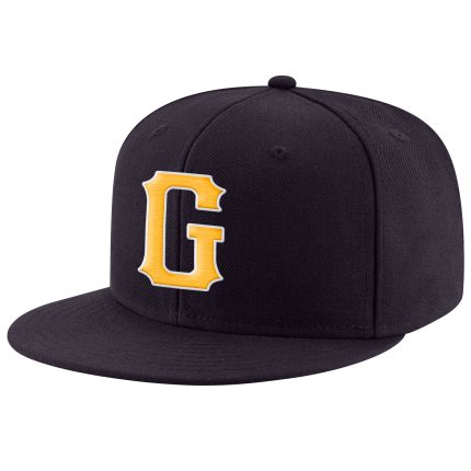 Custom Navy Adjustable Snapback Hat with Gold-White Stitching, Personalized Team Name and Number Personalized Navy Gold-White