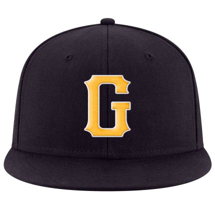 Custom Navy Adjustable Snapback Hat with Gold-White Stitching, Personalized Team Name and Number Personalized Navy Gold-White