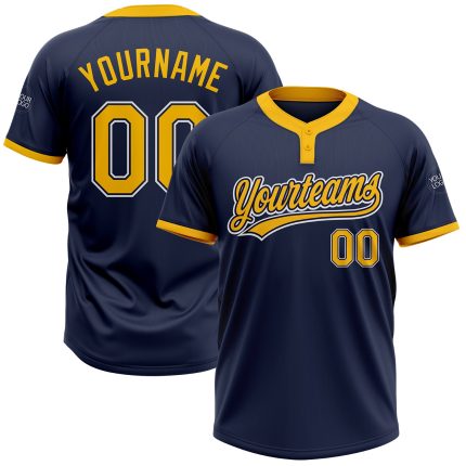 Custom Name Number Softball Jersey Unisex Navy Gold-White Two-Button Personalized Team Apparel Personalized Navy Gold-White