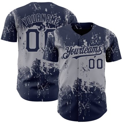 Custom Name and Number Baseball Jersey Gray Navy Abstract 3D Pattern Splatter Grunge Art - Personalized Team Apparel Personalized