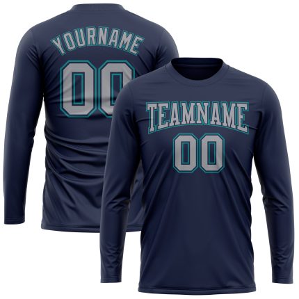 Custom Name Number Long Sleeve Performance T-Shirt - Navy Gray Aqua Salute to Service Team Design Personalized Navy Gray-Aqua