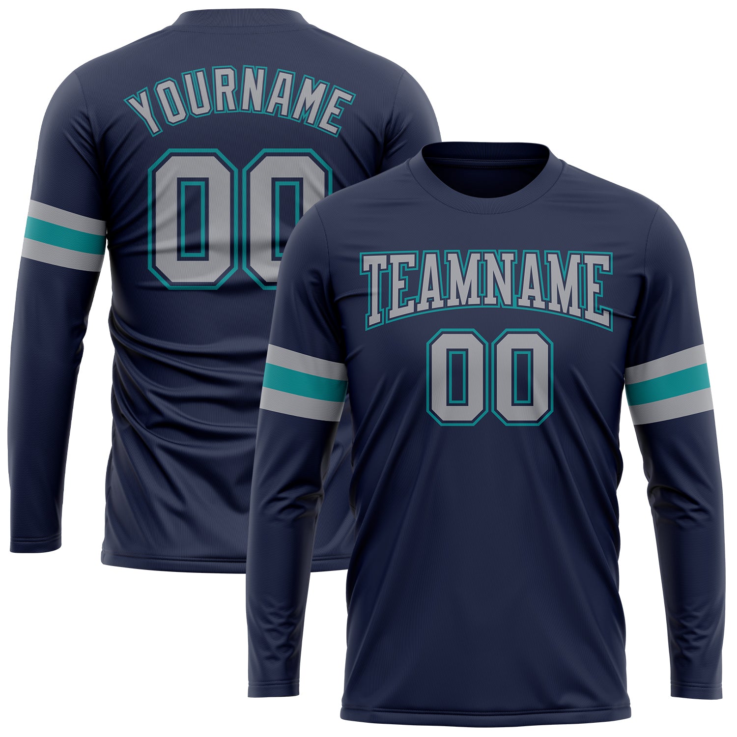 Custom Name Number Long Sleeve Performance T-Shirt - Navy Gray Aqua Salute to Service Team Design Personalized Navy Gray-Aqua