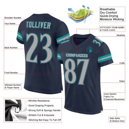 Custom Name Number Authentic Football Jersey Navy Gray Aqua Mesh Personalized Navy Gray-Aqua Mesh Authentic Football Jersey