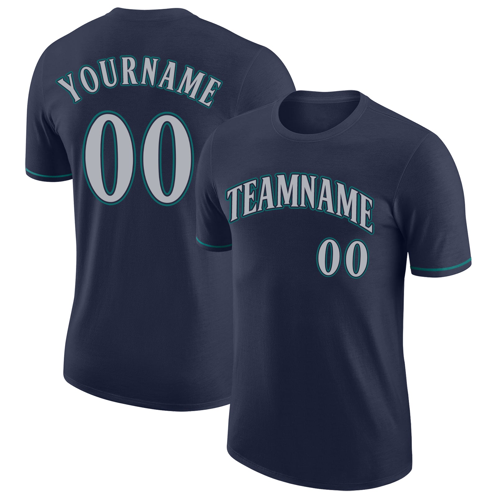 Custom Team T-Shirt with Name and Number - Personalized Navy Gray-Aqua Performance Tee Personalized Navy Gray-Aqua Performance