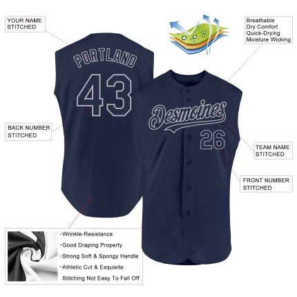 Custom Name and Number Personalized Navy Gray Sleeveless Baseball Jersey - Authentic Team Apparel Personalized Navy Gray