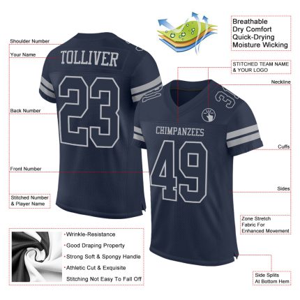 Custom Name Number Authentic Football Jersey Navy Gray Mesh Personalized Team Personalized Navy Gray Mesh Authentic Football