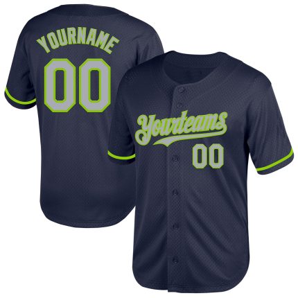 Custom Name and Number Personalized Baseball Jersey in Navy Gray Neon Green Mesh - Authentic Throwback Team Apparel Personalized