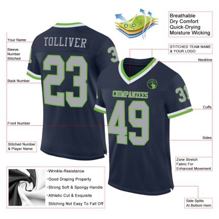 Custom Authentic Football Jersey - Personalized Navy Gray-Neon Green Mesh with Name and Number Personalized Navy Gray-Neon