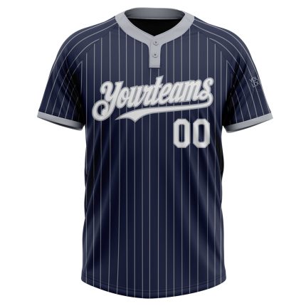 Custom Name and Number Unisex Softball Jersey - Navy Gray Pinstripe Two-Button Design Personalized Navy Gray Pinstripe White