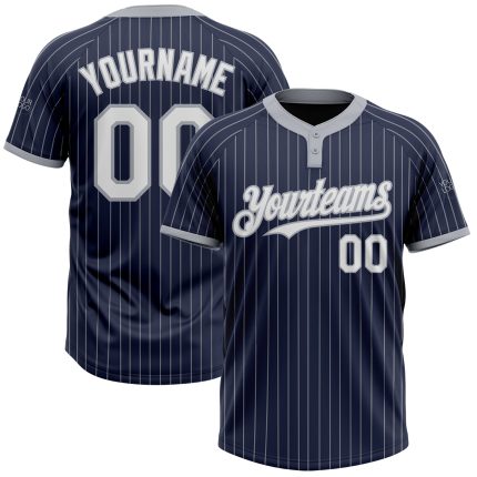 Custom Name and Number Unisex Softball Jersey - Navy Gray Pinstripe Two-Button Design Personalized Navy Gray Pinstripe White