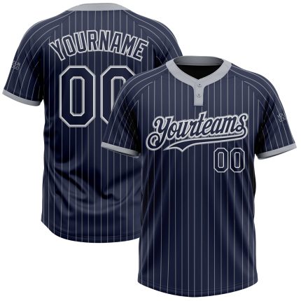 Personalized Navy Gray Pinstripe Two-Button Softball Jersey Unisex Personalized Navy Gray Pinstripe White Two-Button Unisex