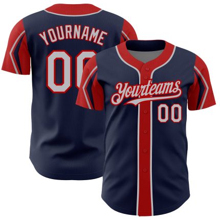 Custom Baseball Jersey with Name and Number - Personalized Navy Gray Red Arm Shapes, Authentic Team Apparel Personalized