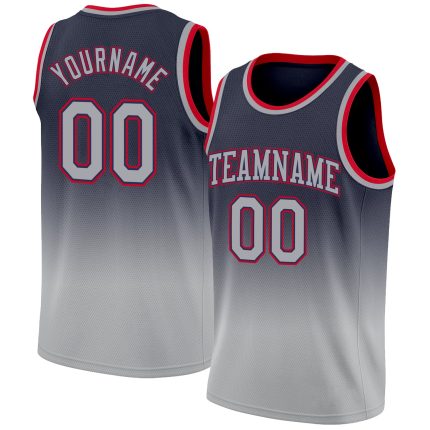 Custom Name and Number Basketball Jersey in Personalized Navy Gray-Red Fade Design for Team Apparel Personalized Navy Gray-Red