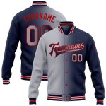 Custom Name Number Navy Gray Red Bomber Varsity Jacket Full-Snap Fashion Layer Gradient Team Style Personalized Navy Gray-Red