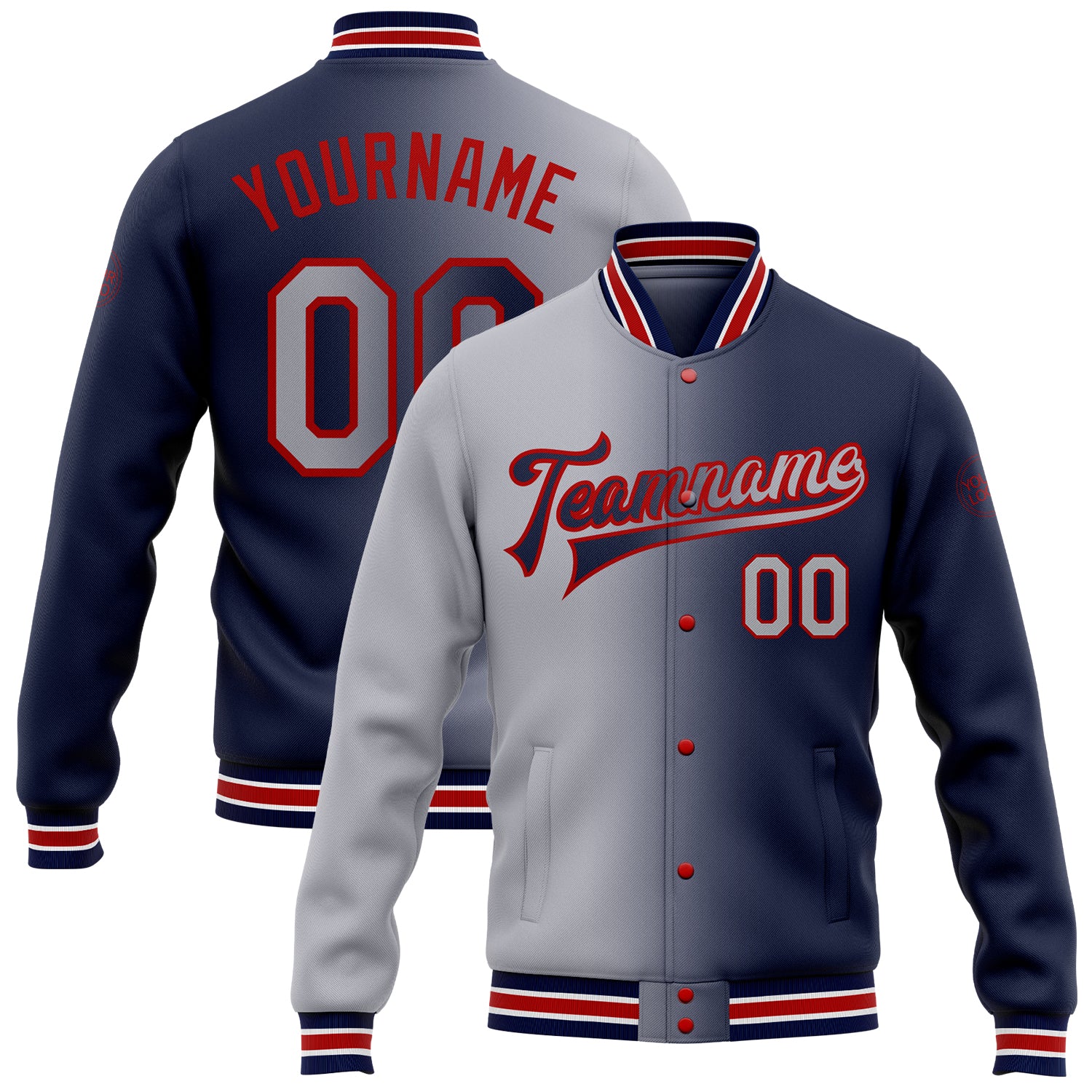 Custom Name Number Navy Gray Red Bomber Varsity Jacket Full-Snap Fashion Layer Gradient Team Style Personalized Navy Gray-Red