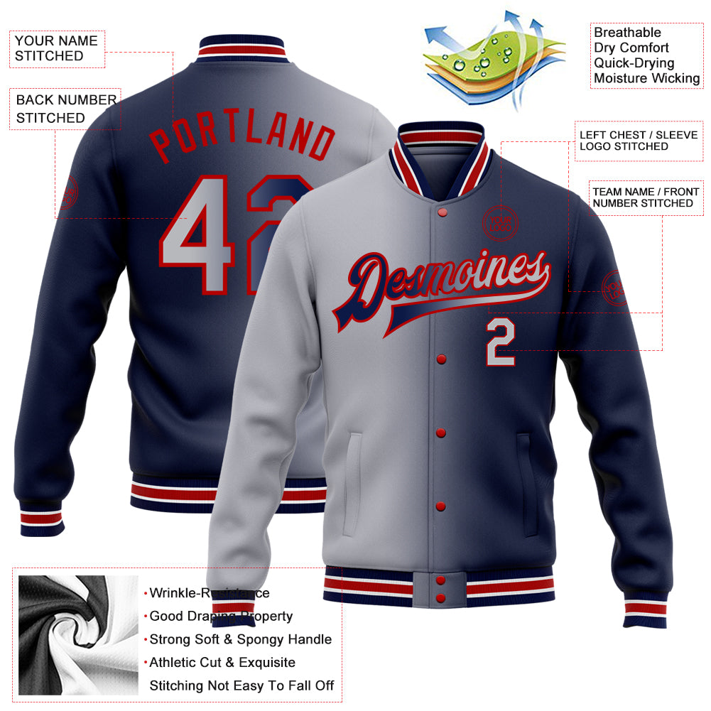 Personalized Navy Gray-Red Bomber Full-Snap Varsity Letterman Gradient Fashion Jacket Team Custom Name and Number Custom Name Number Navy Gray Red Bomber Varsity Jacket Full-Snap Fashion Layer Gradient Team Style Personalized Navy Gray-Red - Image 3