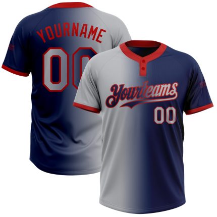 Custom Name & Number Personalized Navy Gray-Red Gradient Two-Button Unisex Softball Jersey Personalized Navy Gray-Red Gradient