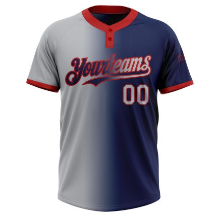 Custom Name & Number Personalized Navy Gray-Red Gradient Two-Button Unisex Softball Jersey Personalized Navy Gray-Red Gradient