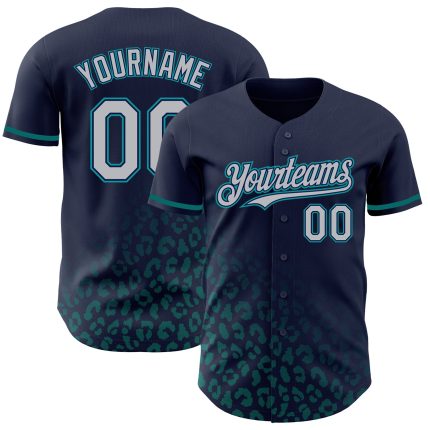 Custom Name and Number Baseball Jersey - Personalized Leopard Print Fade 3D Pattern in Navy Gray Teal Personalized Navy Gray-Teal