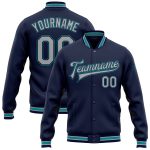 Custom Name and Number Varsity Letterman Jacket Navy Gray-Teal Bomber Full-Snap for Team Sports Personalized Navy Gray-Teal