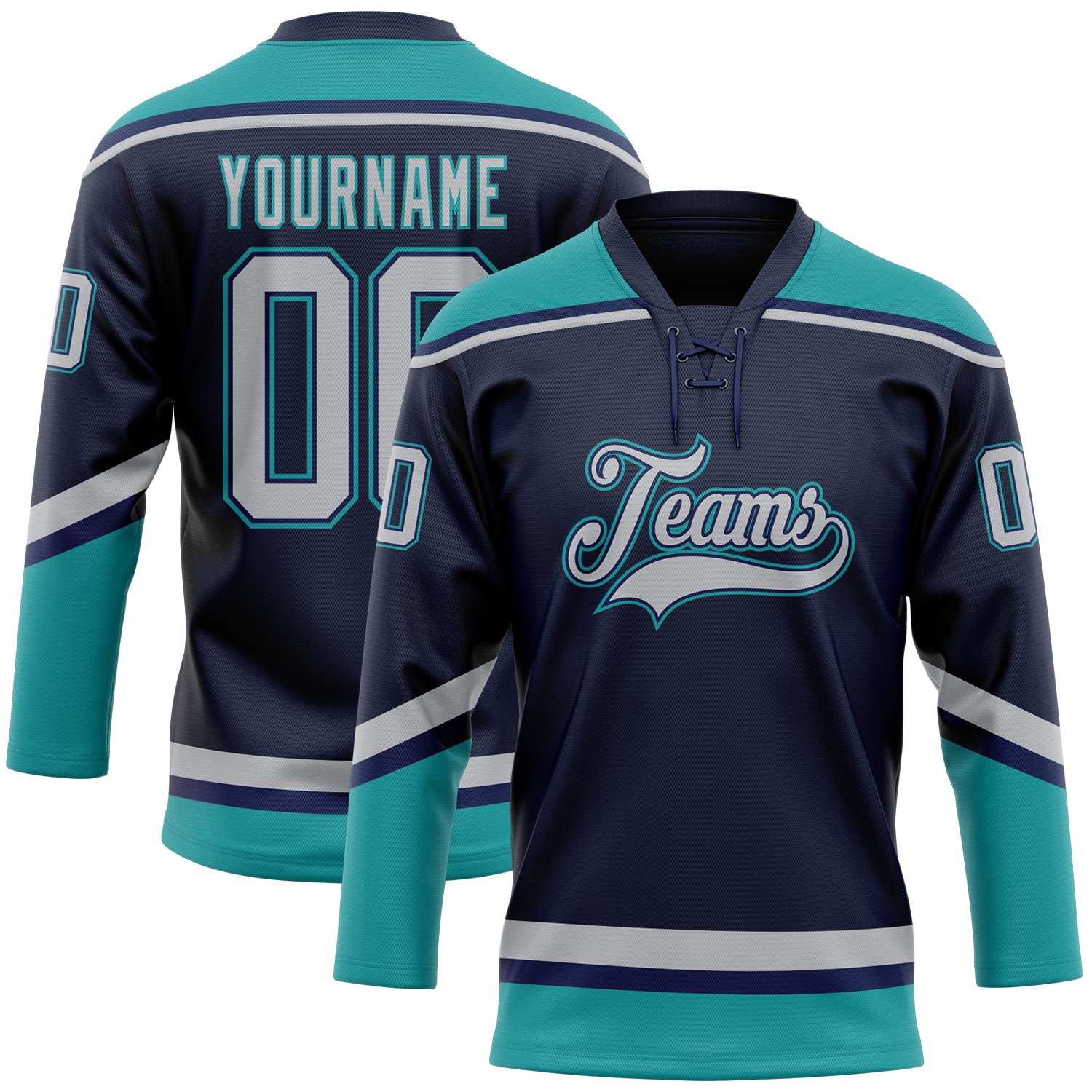 Custom Name and Number Navy Gray-Teal Hockey Jersey - Personalized Lace Neck Team Apparel Personalized Navy Gray-Teal Hockey