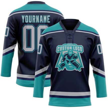 Custom Name and Number Navy Gray-Teal Hockey Jersey - Personalized Lace Neck Team Apparel Personalized Navy Gray-Teal Hockey