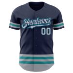 Custom Name Number Authentic Baseball Jersey - Personalized Navy Gray Teal Line Team Apparel Personalized Navy Gray-Teal