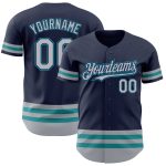 Custom Name Number Authentic Baseball Jersey - Personalized Navy Gray Teal Line Team Apparel Personalized Navy Gray-Teal